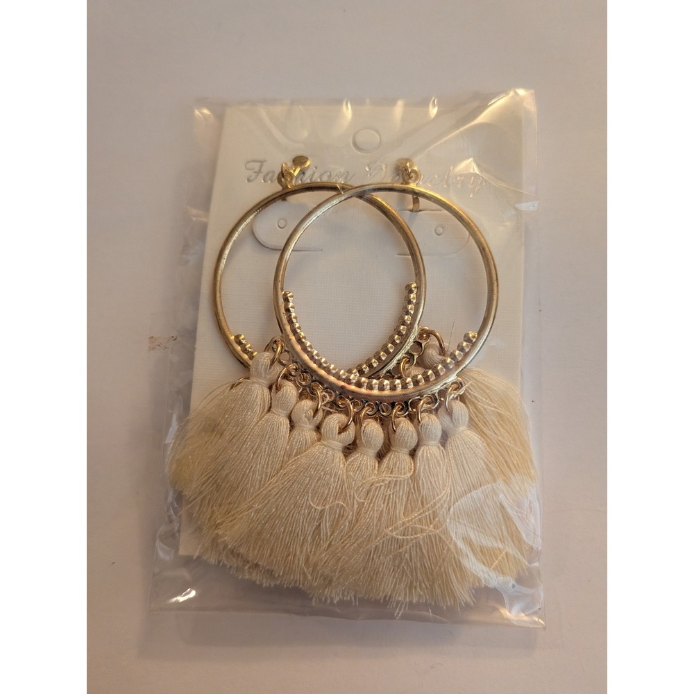 Gold Tone‎ Hoop Earrings with Cream Tassel Fringe Boho Beaded Statement Jewelry